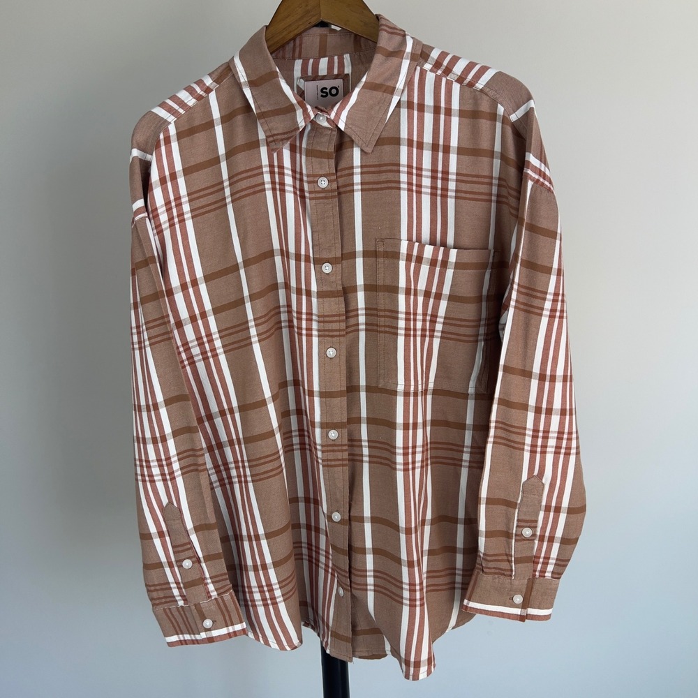 SO The Favorite Button-Down Shirt Large Brown Plaid Oversized Flannel Style L